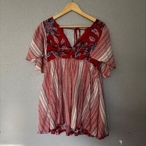 Free‎ People Red Floral Stripe Flutter Sleeve Tie  Mini Dress XS Boho Festival